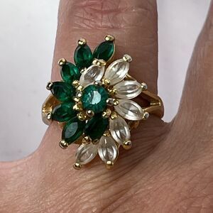 VTG Faux Emerald Crystal 18K GE Gold Electroplate Statement Cocktail Ring